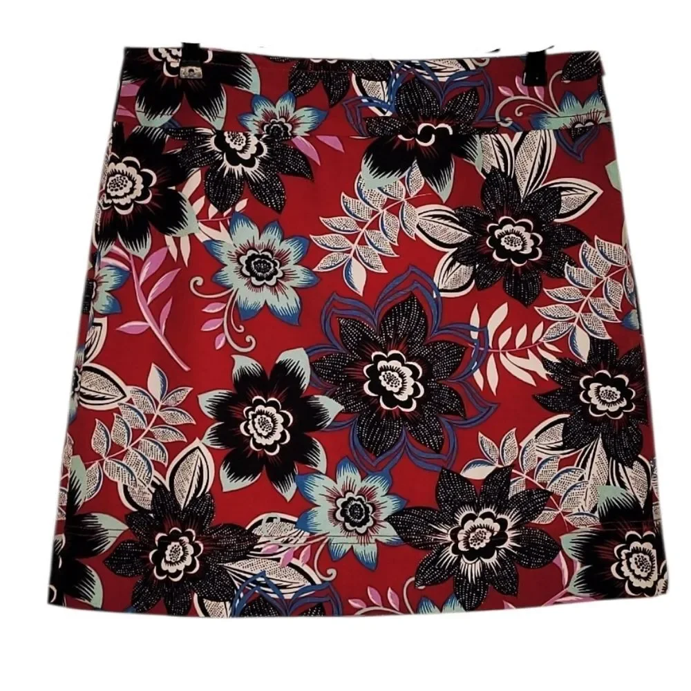 Talbots Red & Black Floral A-line Twill Skirt Size 10